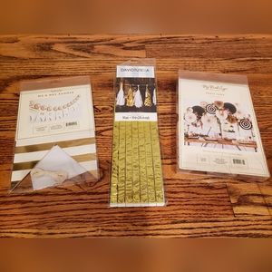 Gold & white and black/pink/white party decor- Mr & Mrs banner, tassels, fans